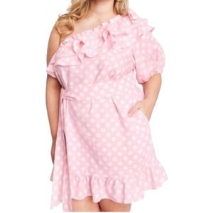 Lisa Marie Fernandez + Target linen blend pink polka dot one shoulder dress XL